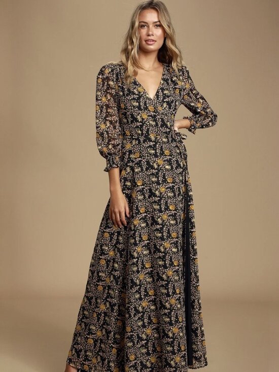 Lulus Dresses & Skirts - Lulus Meet Me There Black Multi Floral Print Wrap Maxi Dress NWT